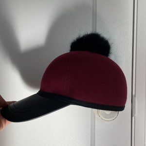 bcbgmaxazria burgundy black leather hat with real fur pompom